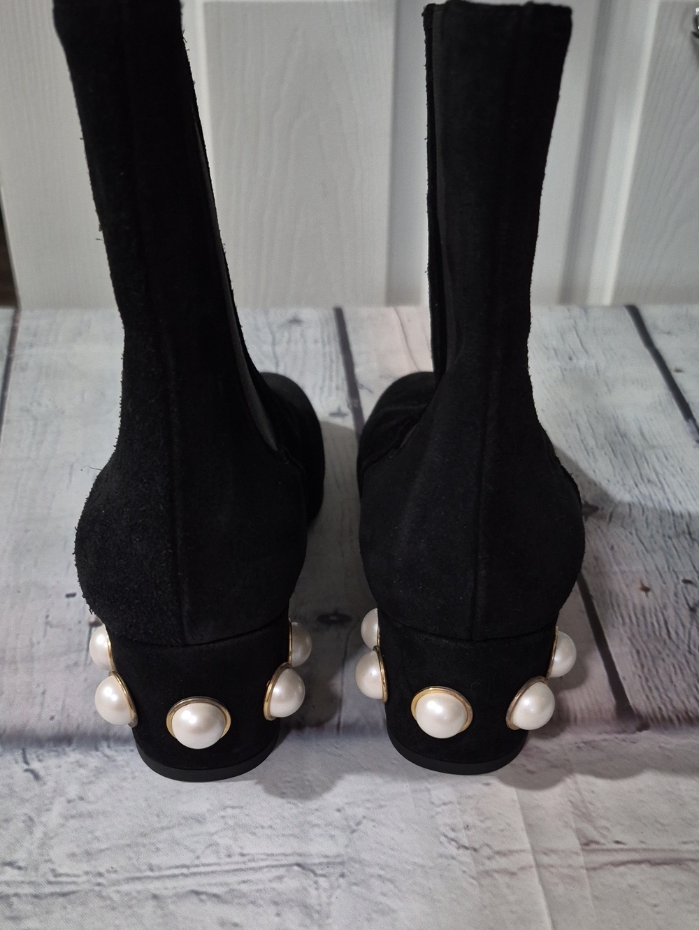 New Pinko Made In Spain Black Suede Pearl-Embellished Ankle Boot Size 9M - Picture 6 of 8